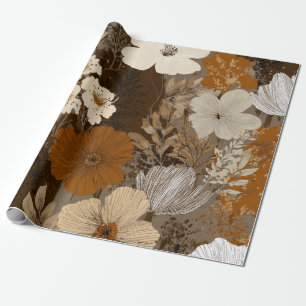 Papier Cadeau Beige Crème Marron Fleur Pastel Bohème 70s Vintage