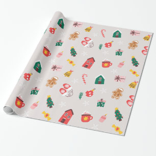 Papier Cadeau Beige rouge et vert mignon Illustré Noël