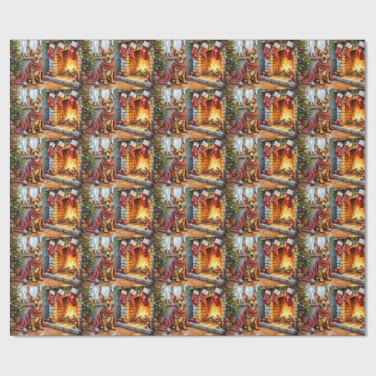 Papier Cadeau Belgian Malinois Fireplace with Christmas Lights (Plat)