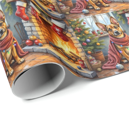 Papier Cadeau Belgian Malinois Fireplace with Christmas Lights (Coin rond)