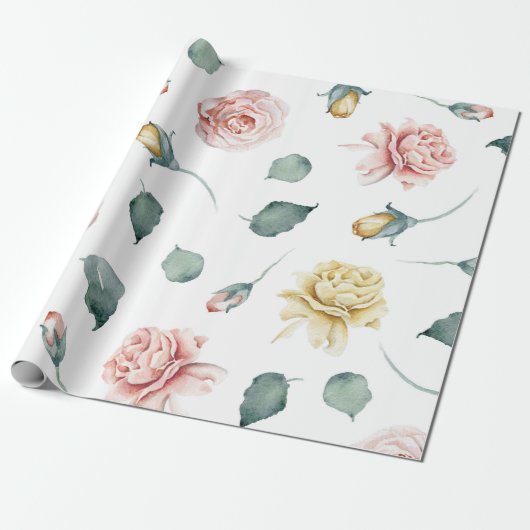 Papier Cadeau Belle aquarelle jaune et rose rose floral (Déroulé)