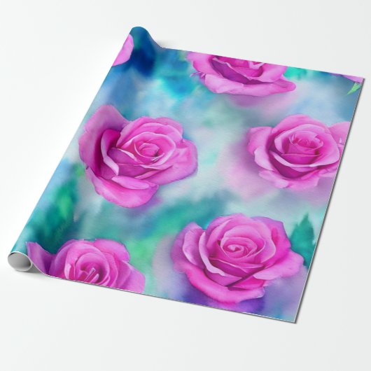 Papier Cadeau Belle aquarelle Moderne Roses Rose Collection (Déroulé)