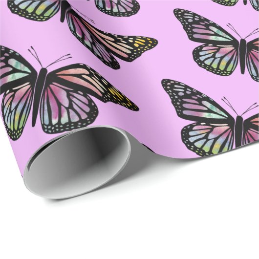 Papier Cadeau Belle Aquarelle Papillons Motif pourpre (Coin rond)