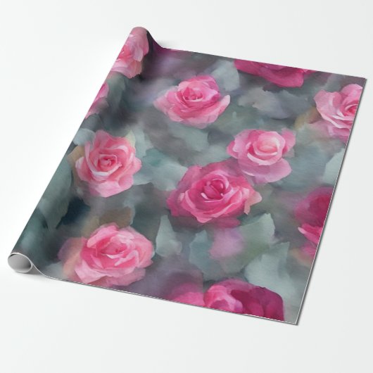 Papier Cadeau Belle Aquarelle Populaire Collection Roses Rose (Déroulé)