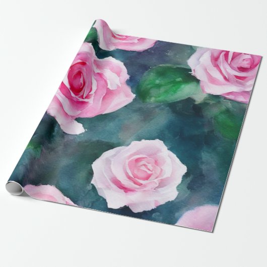 Papier Cadeau Belle Aquarelle tendance Collection Roses roses ro (Déroulé)