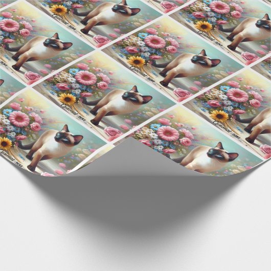 Papier Cadeau Belle chat et fleurs siamois (Coin)