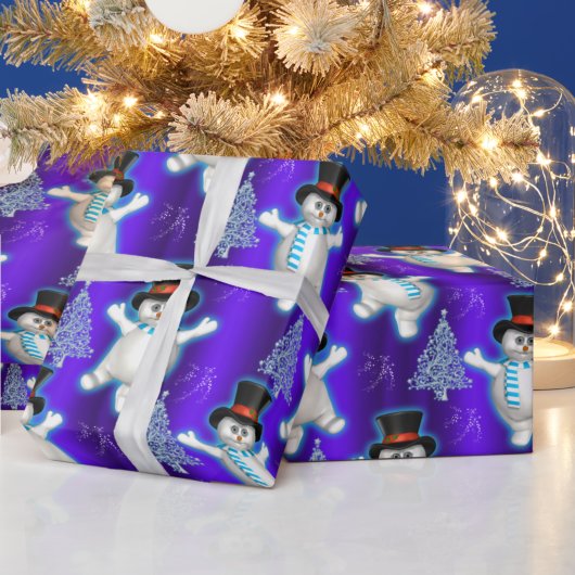 Papier Cadeau Belle Dancing Snowmen à Noël Bleu