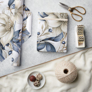 Papier Cadeau Belle Flore de Noël Bleu