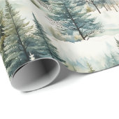 Papier Cadeau Belle forêt de pins neigeux Noël (Coin rond)