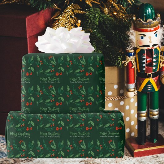 Papier Cadeau Belle Noël Holly Berries Green Custom