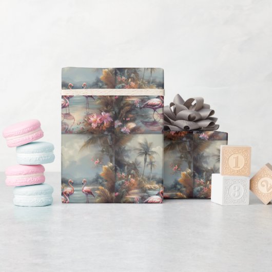 Papier Cadeau belle peinture vintage flamants roses (Baby Shower)