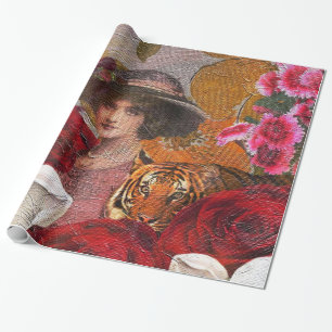 Papier Cadeau Belle roseraie de tigre de femme