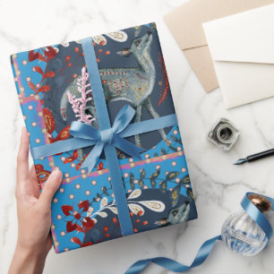 Papier Cadeau Belle scène de cerfs Bleu Fleur rouge