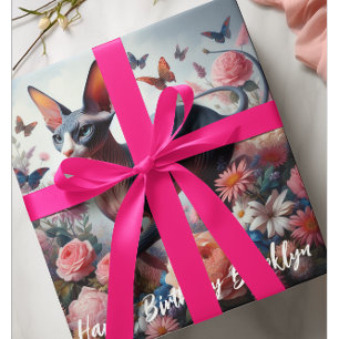 Papier Cadeau Belle Sphynx Chat & Fleurs Anniversaire