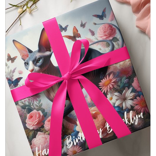 Papier Cadeau Belle Sphynx Chat & Fleurs Anniversaire
