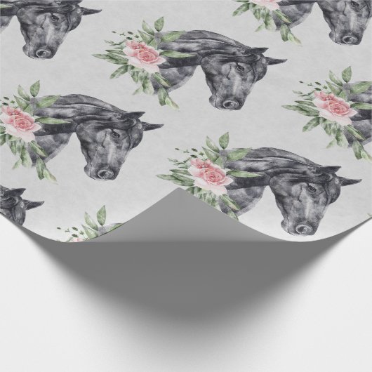 Papier Cadeau Belle tête de cheval noir Portrait d'aquarelle (Coin)