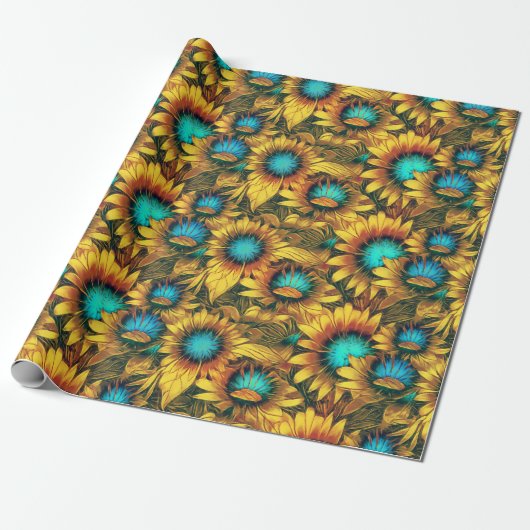 Papier Cadeau Belle tournesol Jaune Turquoise Motif Abstrait (Déroulé)