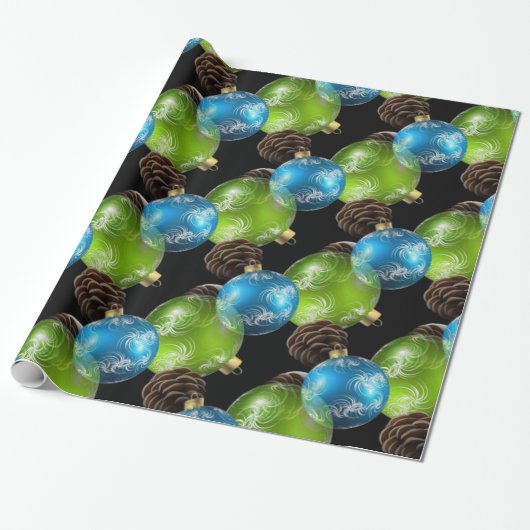 Papier Cadeau Belles boules de Noël bleu et vert (Déroulé)