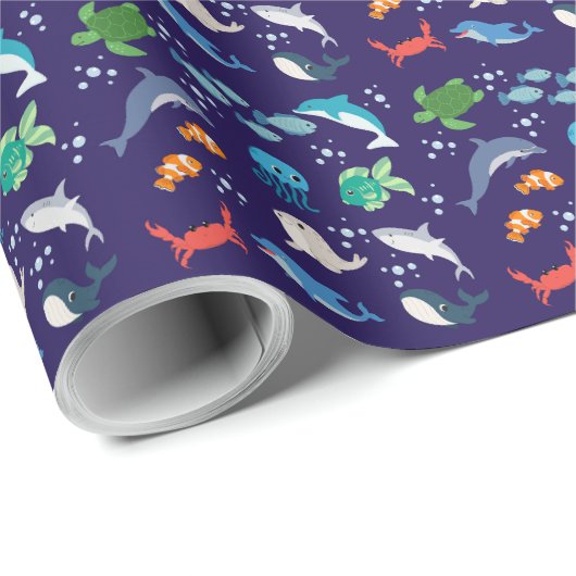 Papier Cadeau Belles créatures marines nageant sous l'eau (Coin rond)