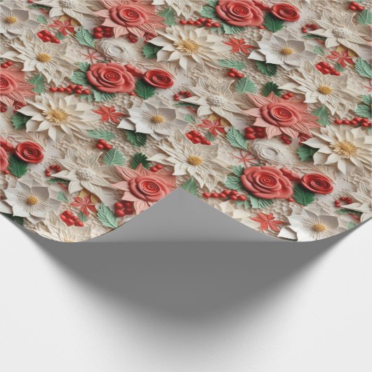 Papier Cadeau Belles Poinsettias 3D blanches et rouges (Coin)