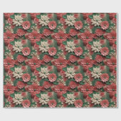 Papier Cadeau Belles Poinsettias 3D rouge vert et blanc (Plat)