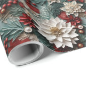 Papier Cadeau Belles Poinsettias en 3D rouge blanc et vert (Coin rond)