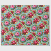 PAPIER CADEAU BELLES ROSES ROUGES PINK JAUNE EN BLEU (Plat)