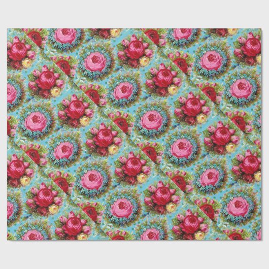 PAPIER CADEAU BELLES ROSES ROUGES PINK JAUNE EN BLEU (Plat)