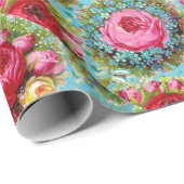 PAPIER CADEAU BELLES ROSES ROUGES PINK JAUNE EN BLEU (Coin rond)