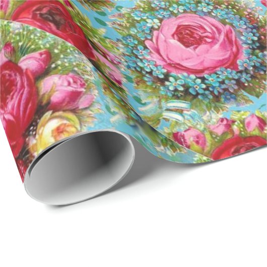 PAPIER CADEAU BELLES ROSES ROUGES PINK JAUNE EN BLEU (Coin rond)