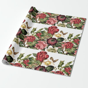 Papier Cadeau Belles roses vintage / Rouge foncé et ivoire