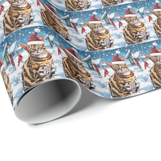 Papier Cadeau Bengal Chat hiver Wonderland Noël Joie (Coin rond)