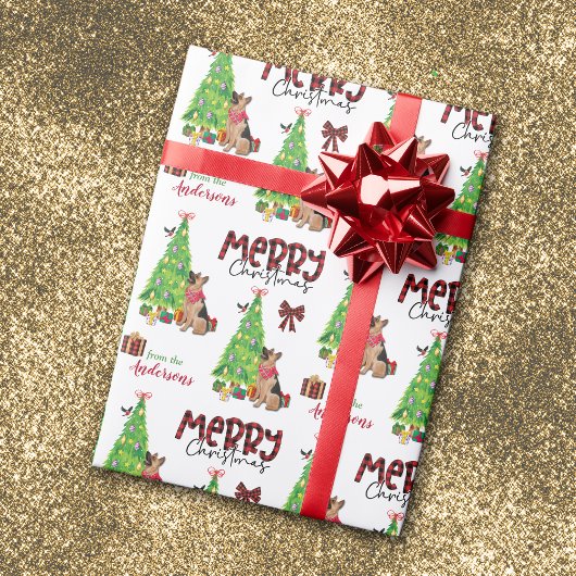 Papier Cadeau Berger allemand, oiseau et arbre de Noël