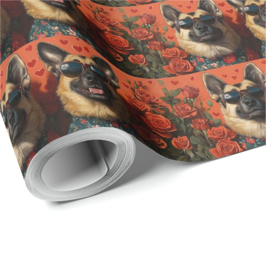 Papier Cadeau Berger belge avec coeur Roses Saint-Valentin (Coin rond)