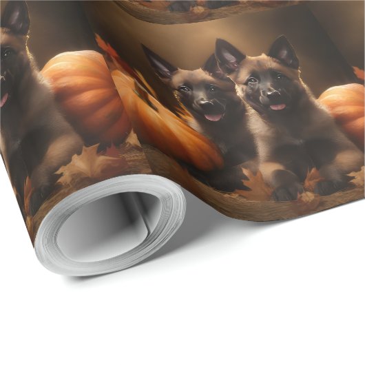 Papier Cadeau Berger belge Chiot Automne Citrouille de plaisir (Coin rond)