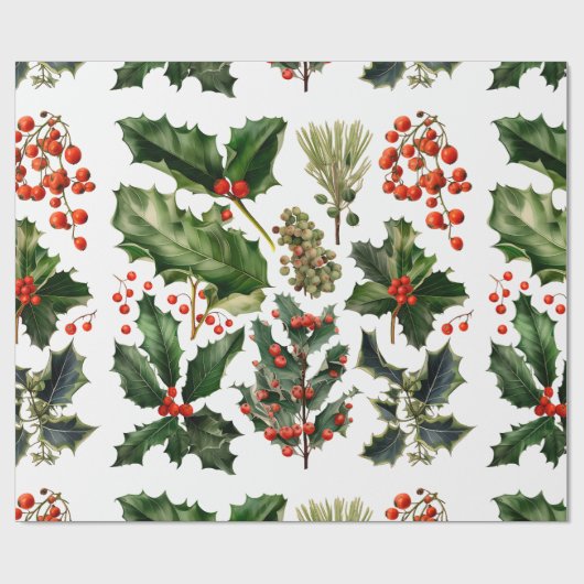 Papier Cadeau Berries de Noël Holly Feuilles. Berries de Noël (Plat)