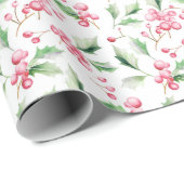 Papier Cadeau Berries de Noël Rose Holly (Coin rond)