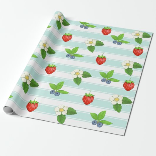 Papier Cadeau Berries Fraises Blueberry Turquoise Classic Stripe (Déroulé)