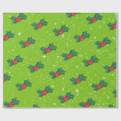 Papier Cadeau Berries Holly avec neige et étoiles sur vert clair (Plat)