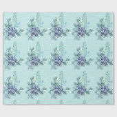 Papier Cadeau Berries pourpres et plumes bleues sur Turquoise pr (Plat)
