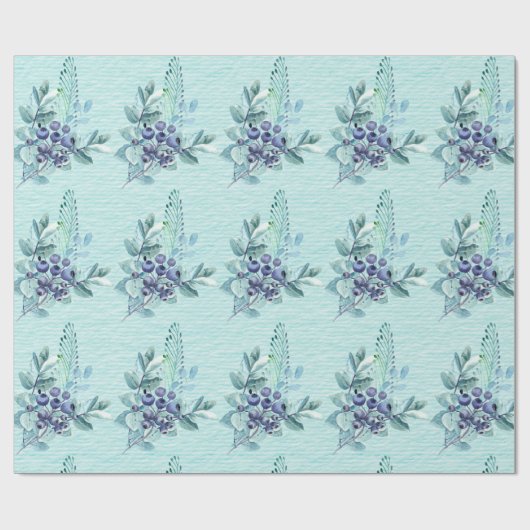 Papier Cadeau Berries pourpres et plumes bleues sur Turquoise pr (Plat)