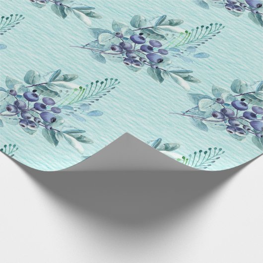 Papier Cadeau Berries pourpres et plumes bleues sur Turquoise pr (Coin)