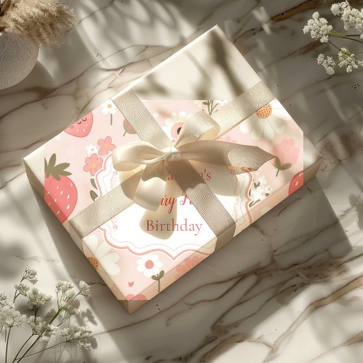 Papier Cadeau Berry fraise rouge 1er anniversaire fête