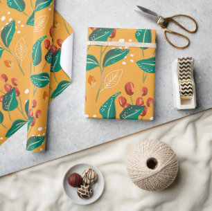 Papier Cadeau Berry rouge et feuilles verts sur motif jaune