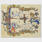 PAPIER CADEAU BESTIAIRE MÉDIÉVAL LARGE, UNICORN COMBATTRE LUNETT (Plat)