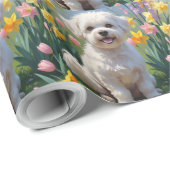 Papier Cadeau Bichon Frise Chien Fleurs de printemps Peinture (Coin rond)