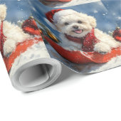 Papier Cadeau Bichon Frise Dog in Sledge Let it Snow Christmas (Coin rond)