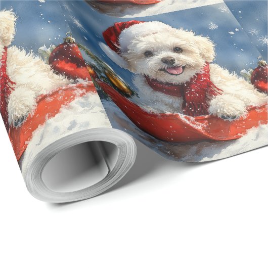 Papier Cadeau Bichon Frise Dog in Sledge Let it Snow Christmas (Coin rond)