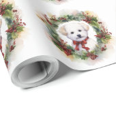 Papier Cadeau Bichon Frise Wreath Festive Pup (Coin rond)