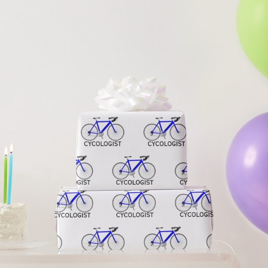 Papier Cadeau Bicyclette bleue avec texte cycologue en blanc (Cadeaux de fête)